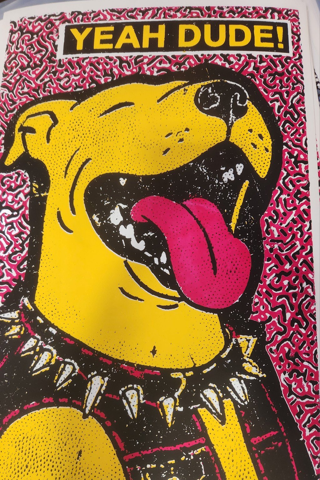 Yellow punk dog screen print with Yeah Dude lettering