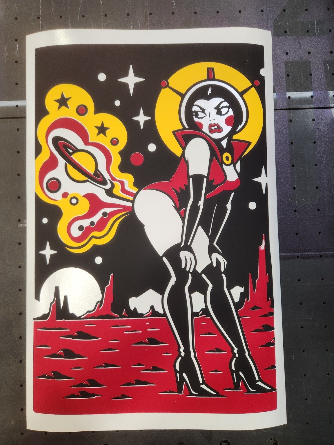 Red yellow and black space woman screen print