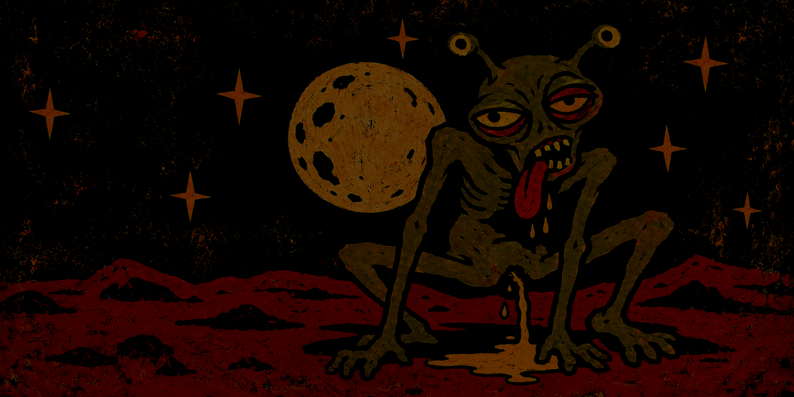 Alien creature with a yellow moon on a red landscape